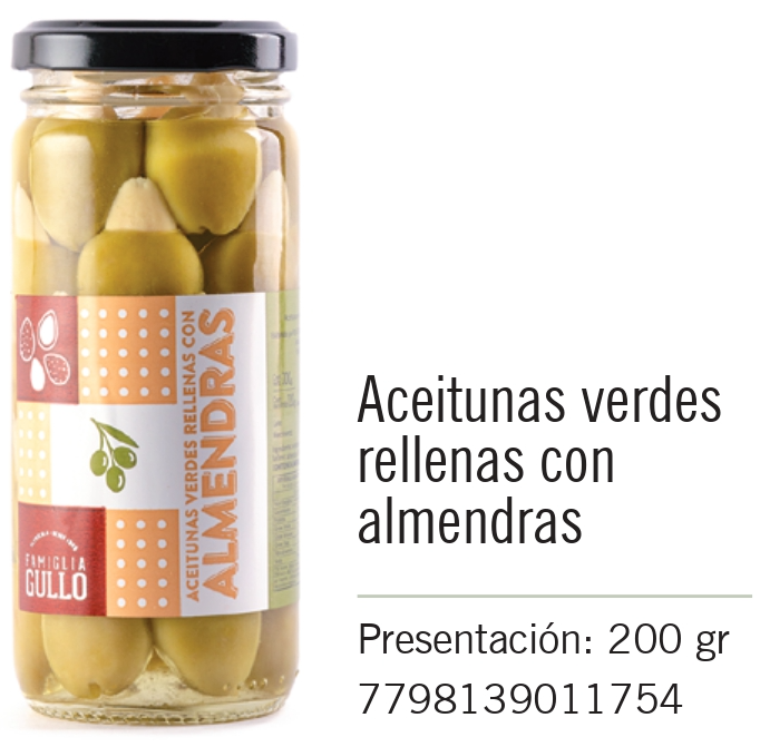 Gullo - Aceitunas verdes rellenas con Almendras - Frasco 200g