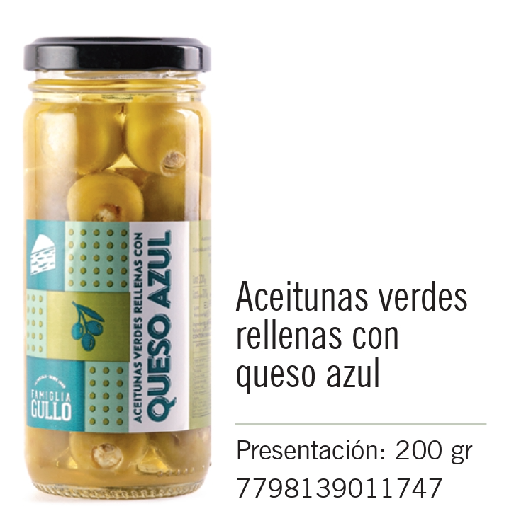 Gullo - Aceitunas verdes rellenas con Queso Azul - Frasco 200g