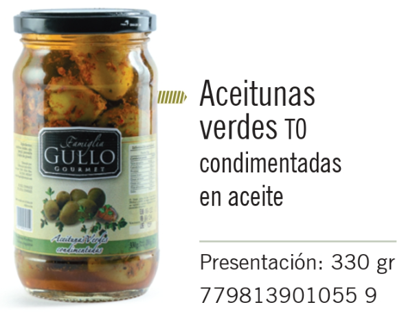 Gullo - Aceitunas Verdes T0 Condimentadas en Aceite -Frasco 330g