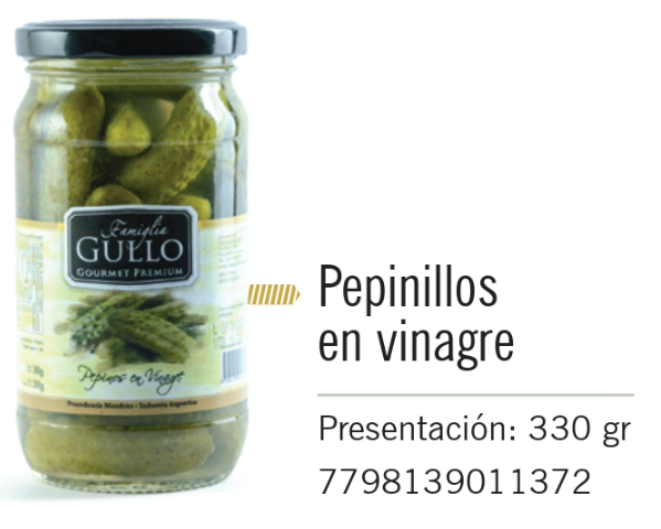 Gullo - Pepinillos en vinagre de alcohol - Frasco 330g
