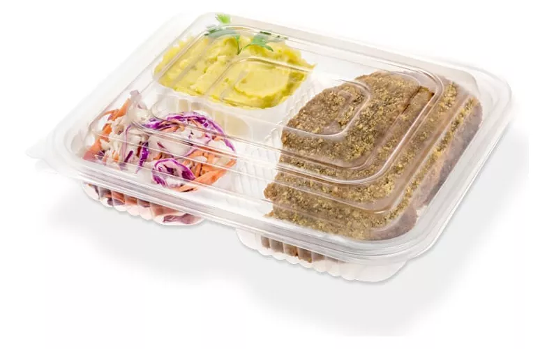 Bandeja Bisagra Pet Traslucida con 3 divisiones Alta 24x20cm x 50u