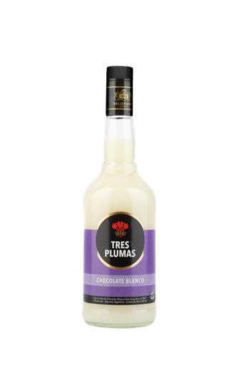 Licor Tres Plumas  - Chocolate Blanco. Botella 700c
