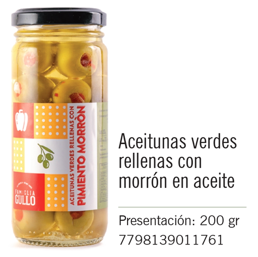 [452] Gullo - Aceitunas Verdes Rellenas con Morron en Aceite - Frasco 200g 