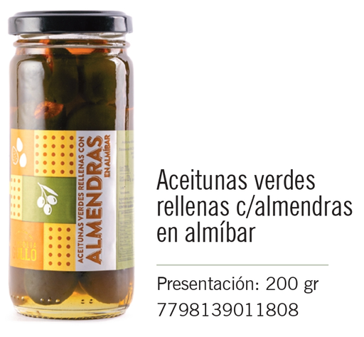 [453] Gullo - Aceitunas verdes rellenas con Almendras en Almíbar - Frasco 200g