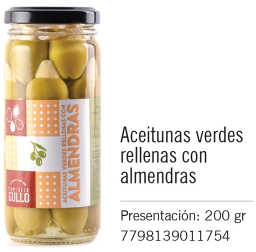 [46] Gullo - Aceitunas verdes rellenas con Almendras - Frasco 200g