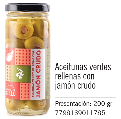[449] Gullo - Aceitunas verdes rellenas con Jamon Crudo - Frasco 200g