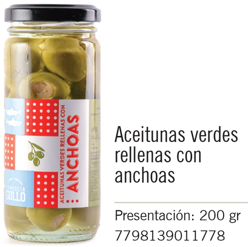 [448] Gullo - Aceitunas verdes rellenas con Anchoas - Frasco 200g