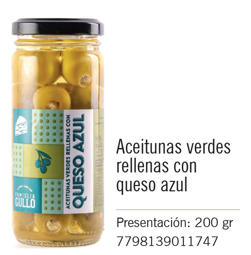 [445] Gullo - Aceitunas verdes rellenas con Queso Azul - Frasco 200g