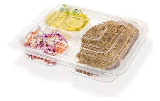 Bandeja Bisagra Pet Traslucida con 3 divisiones Alta 24x20cm x 50u